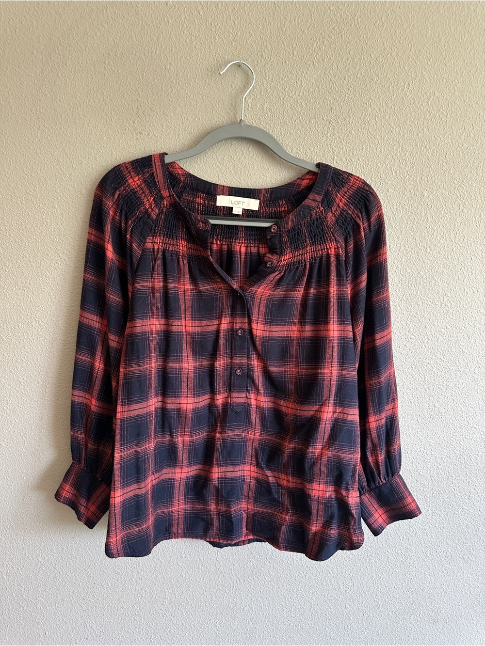 LOFT Rust and Navy Plaid Peasant Blouse medium